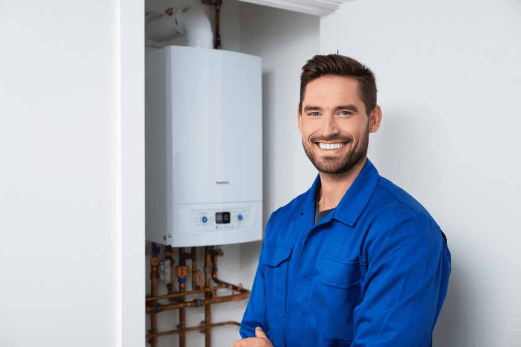 gasinstallatör framför gaspanna